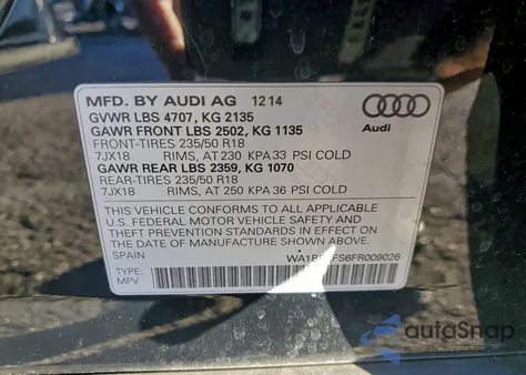 2015 Audi Q3 Premium Plus z USA, uszkodzony, nr VIN WA1BFCFS6FR009026